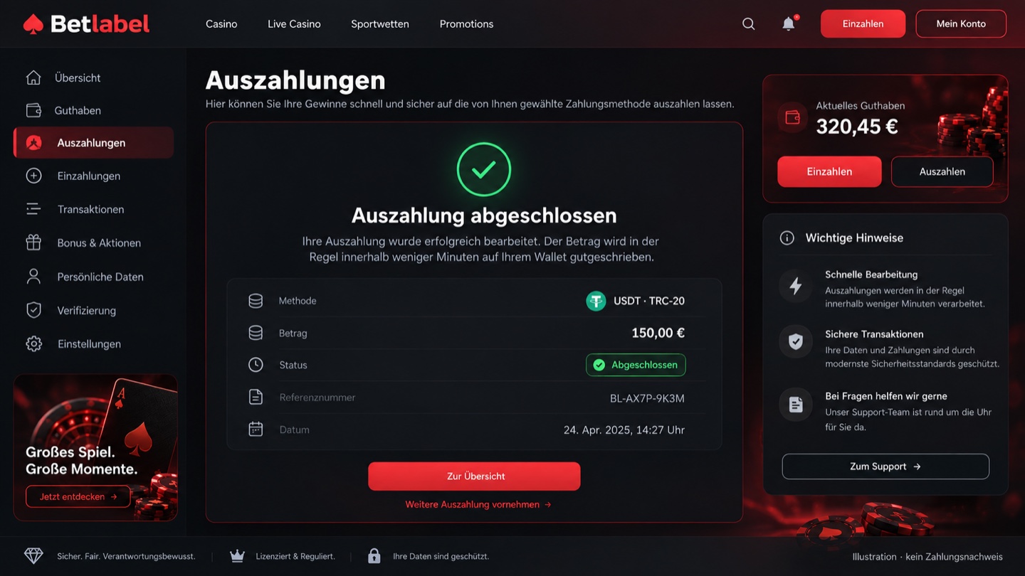 Auszahlungsnachweis im Kundenkonto von Betlabel