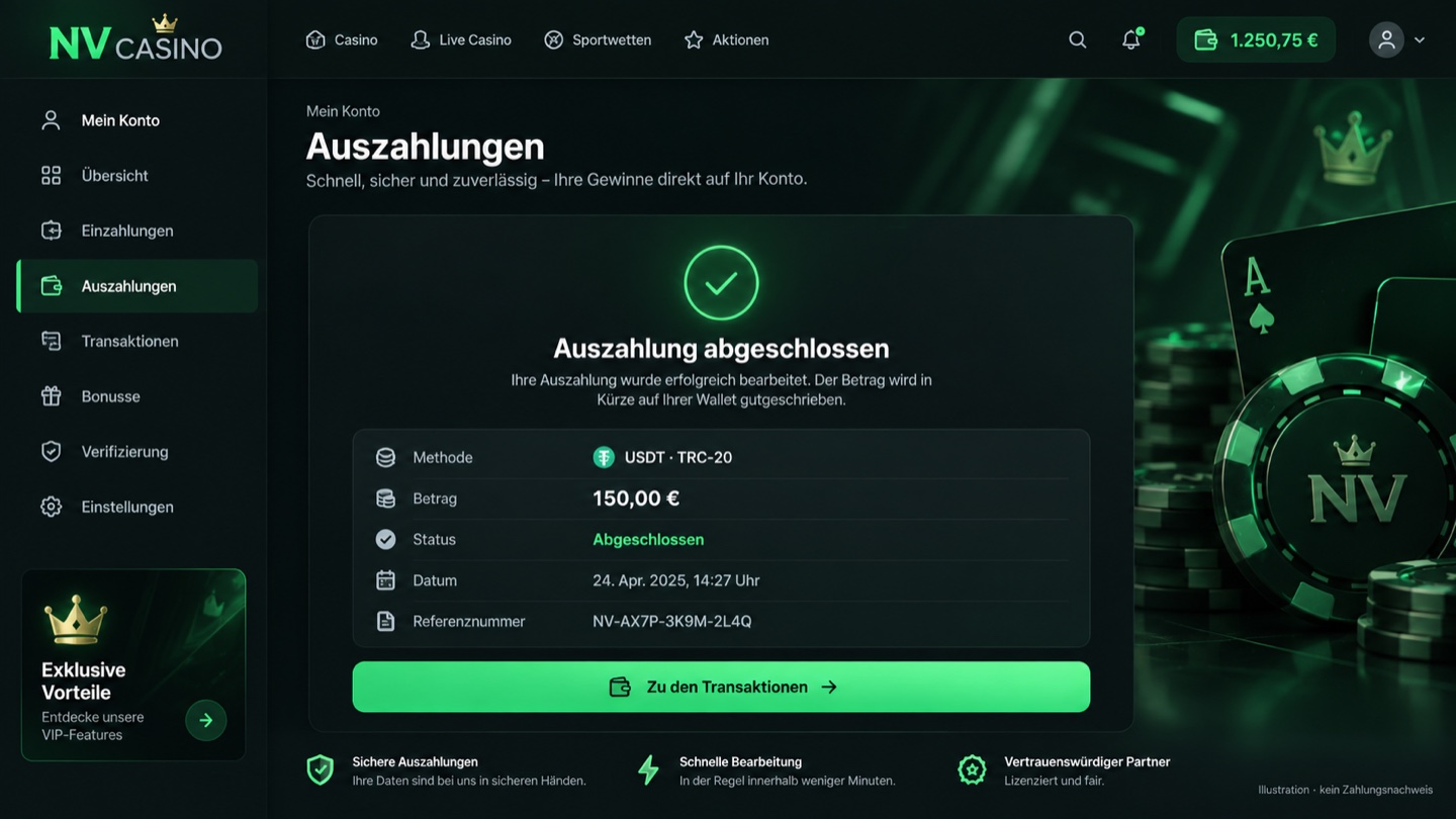 Auszahlungsnachweis im Kundenkonto von NV Casino
