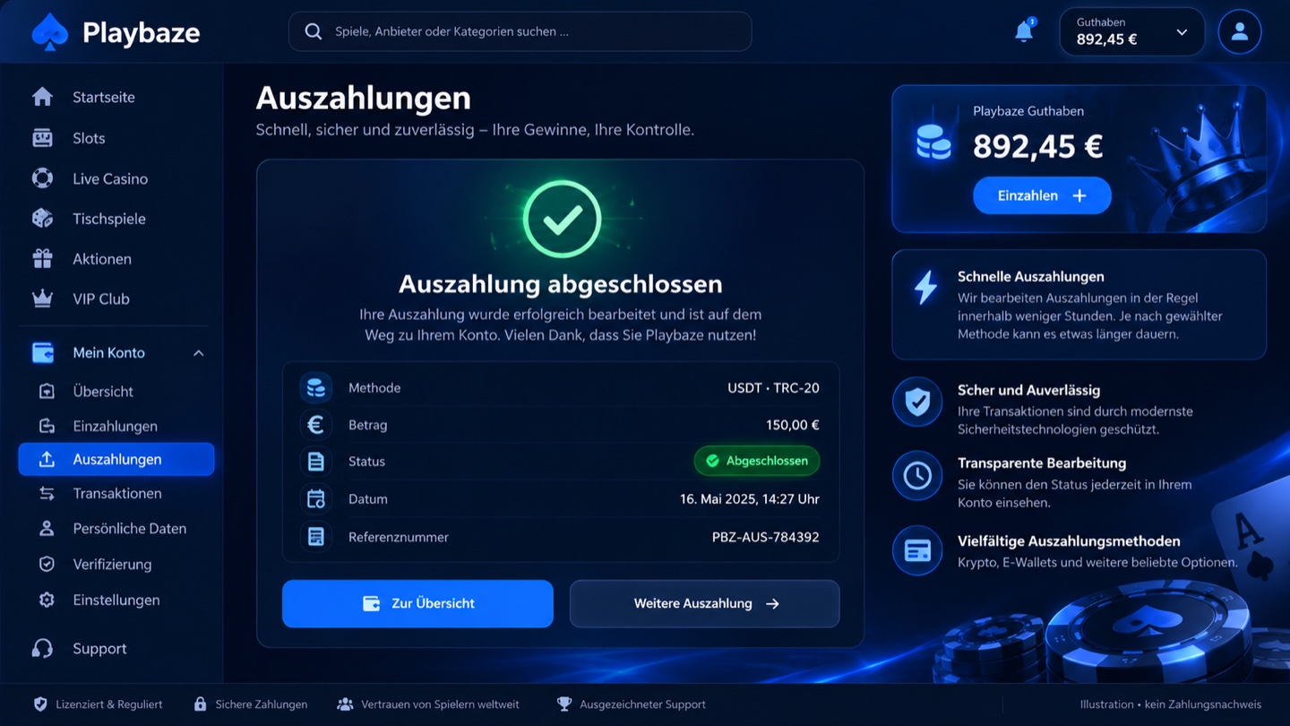 Auszahlungsnachweis im Kundenkonto von Playbaze