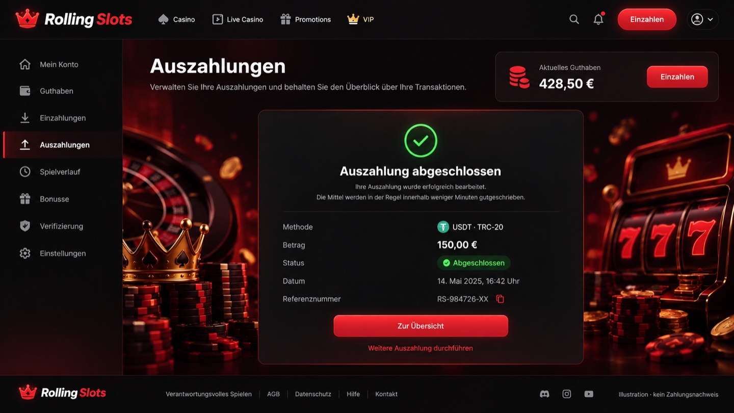 Auszahlungsnachweis im Kundenkonto von Rolling Slots