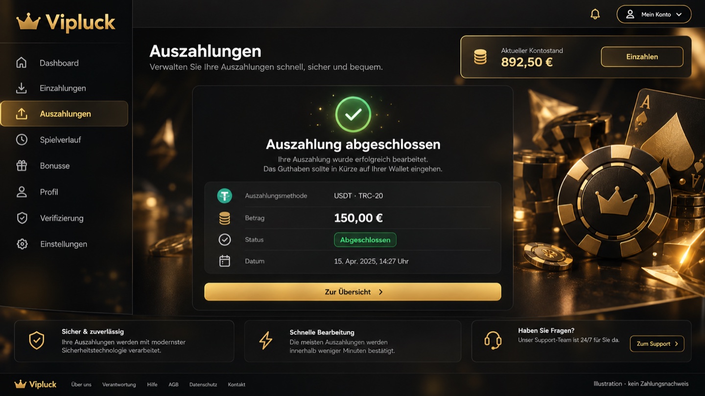 Auszahlungsnachweis im Kundenkonto von Vipluck