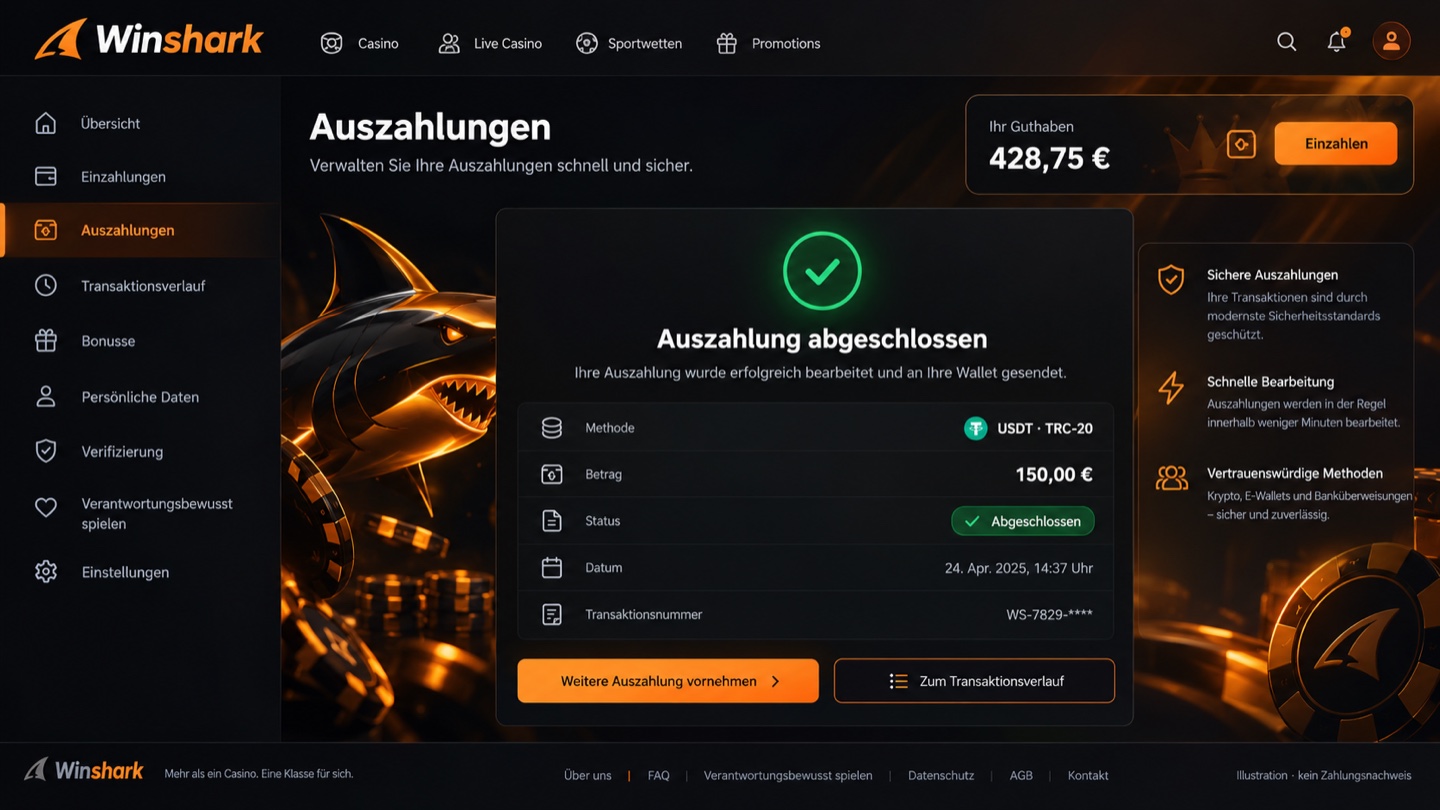 Auszahlungsnachweis im Kundenkonto von Winshark