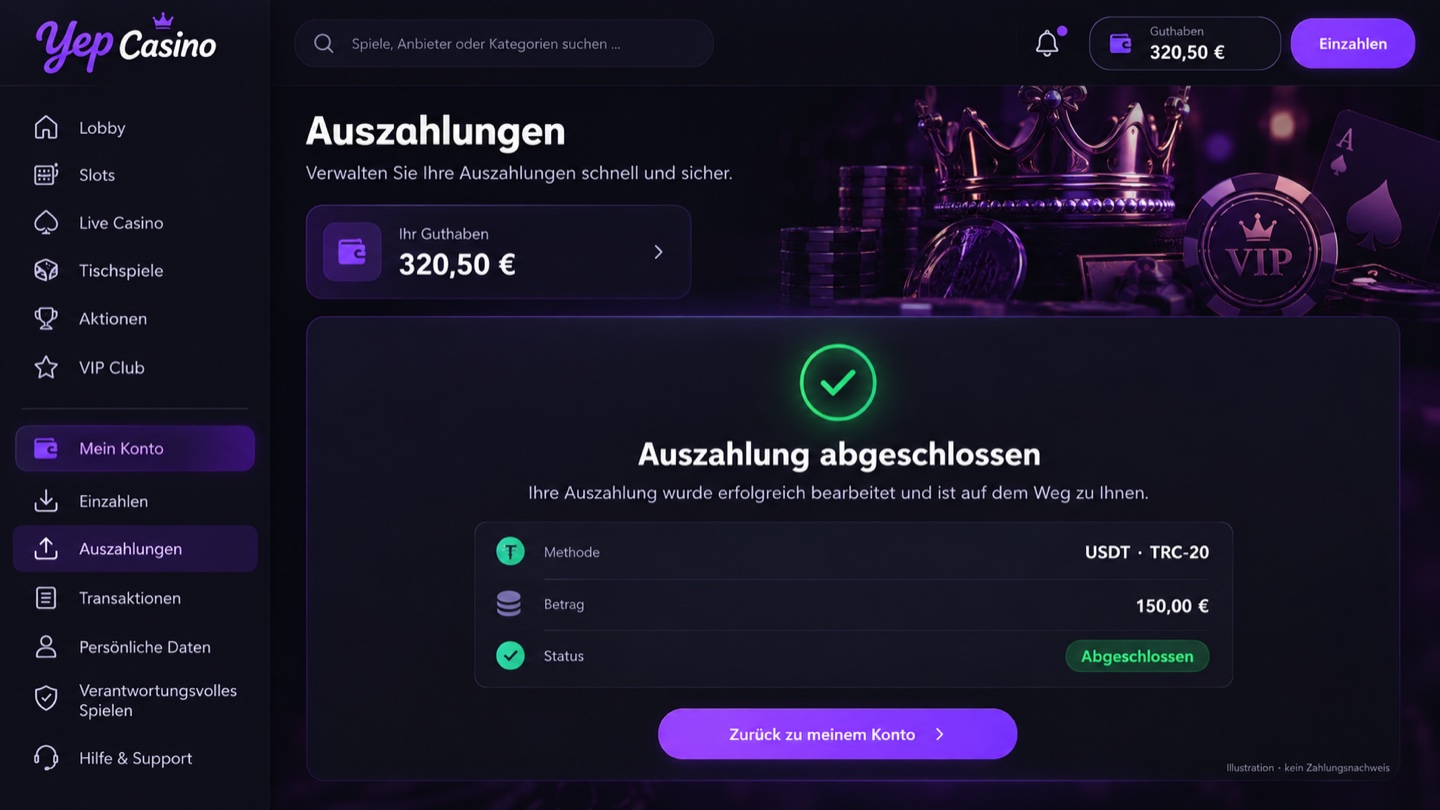Illustration eines Yep Casino-Kundenkontos mit abgeschlossener Auszahlung
